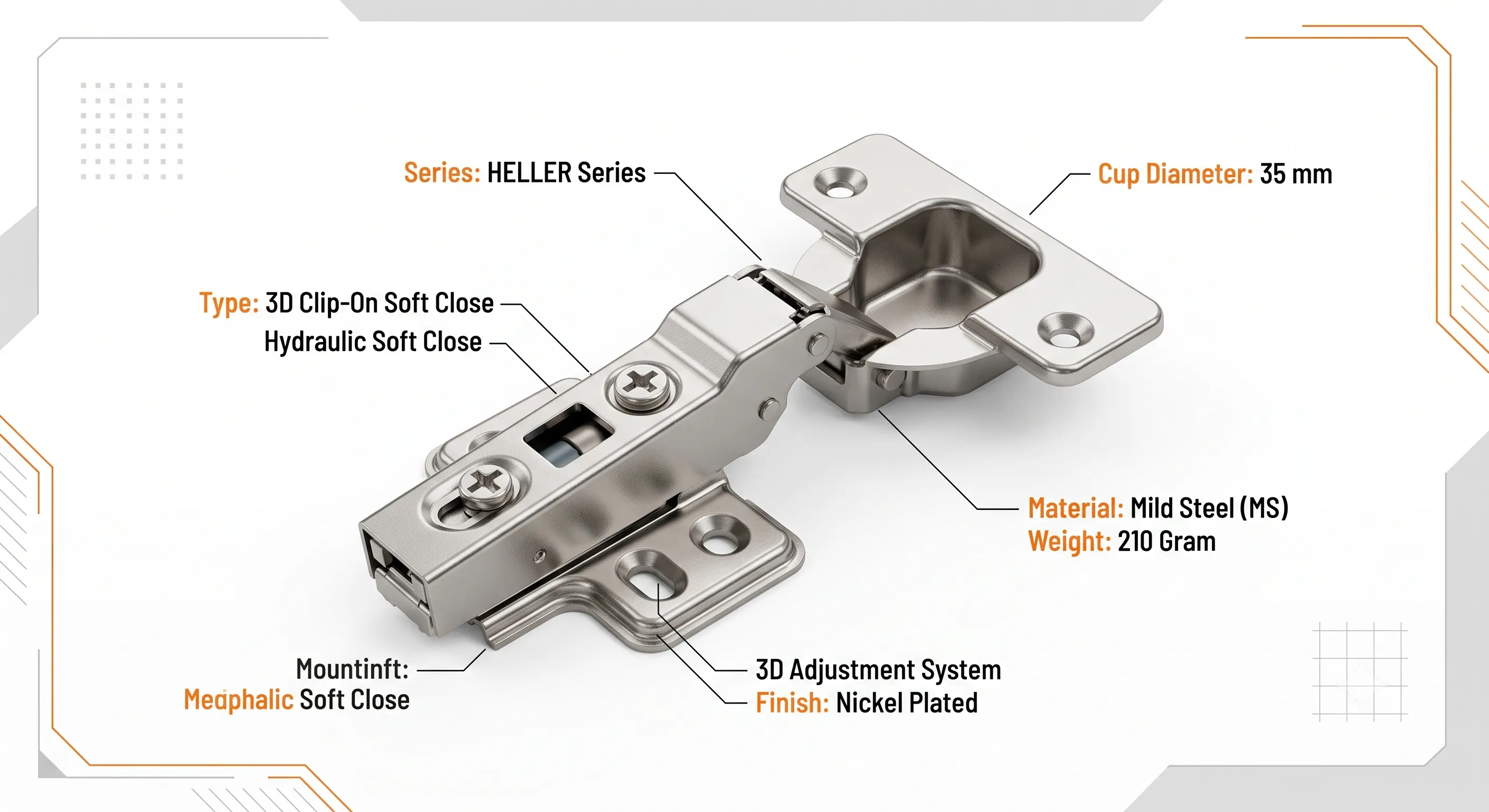 Premium 3D Clip-On Soft Close Cabinet Hinge (210 Gram) | HELLER Series