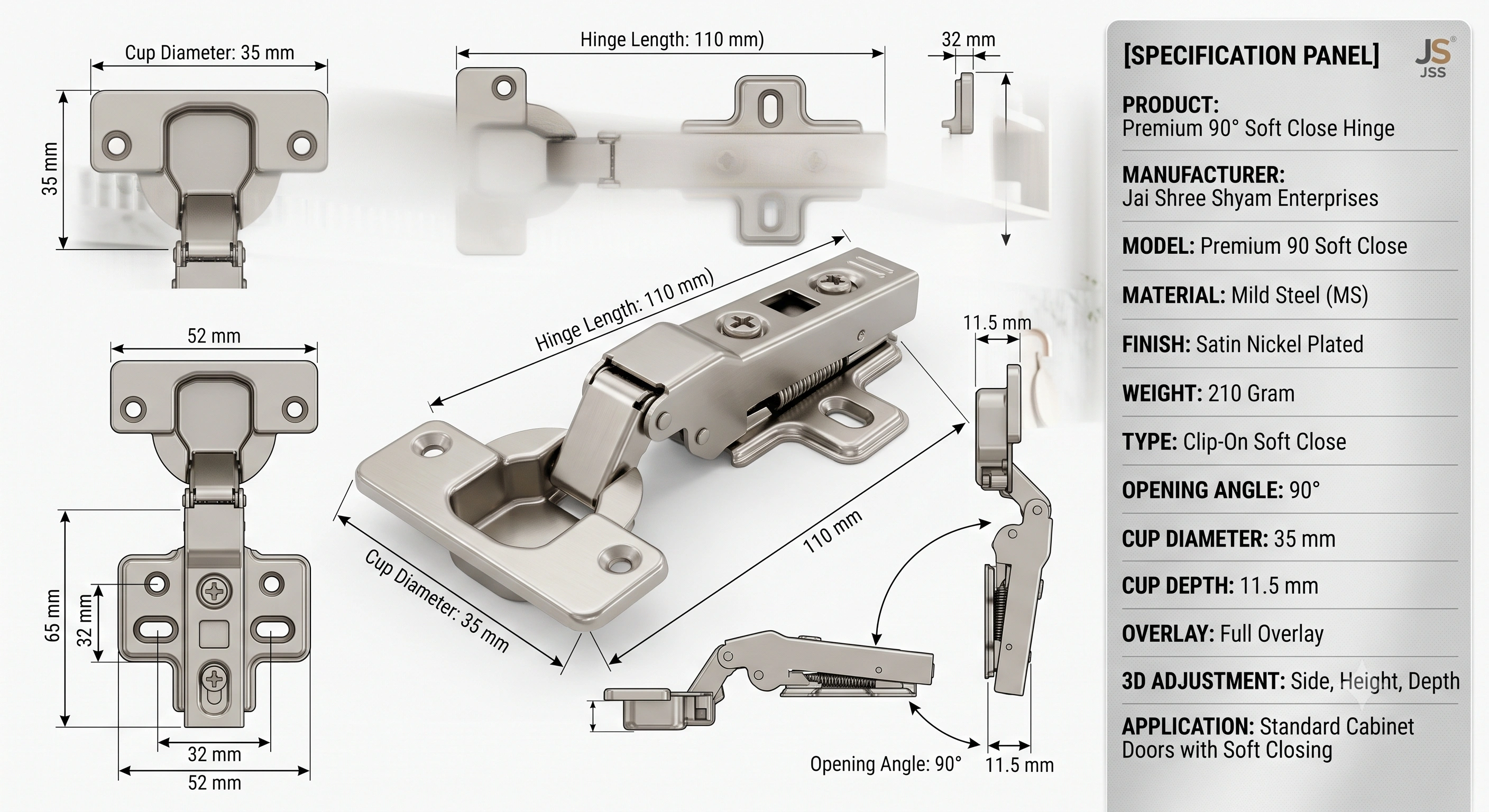 Premium 90° Soft Close Concealed Cabinet Hinge (210 Gram) | Hydraulic | Mild Steel