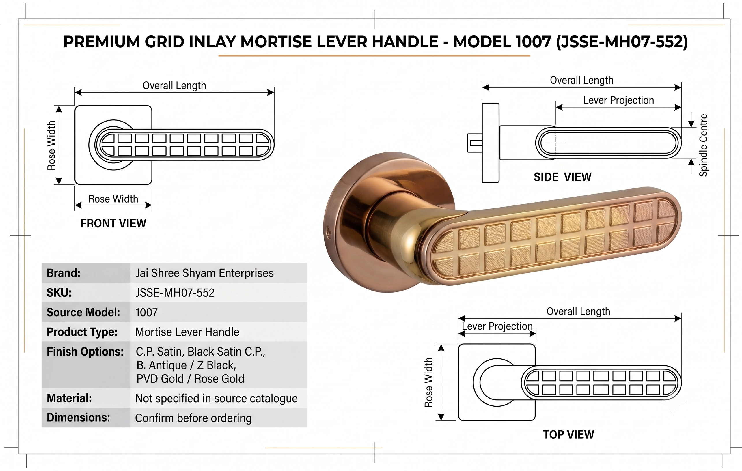 Premium Grid Inlay Mortise Lever Handle - Model 1007 image 4