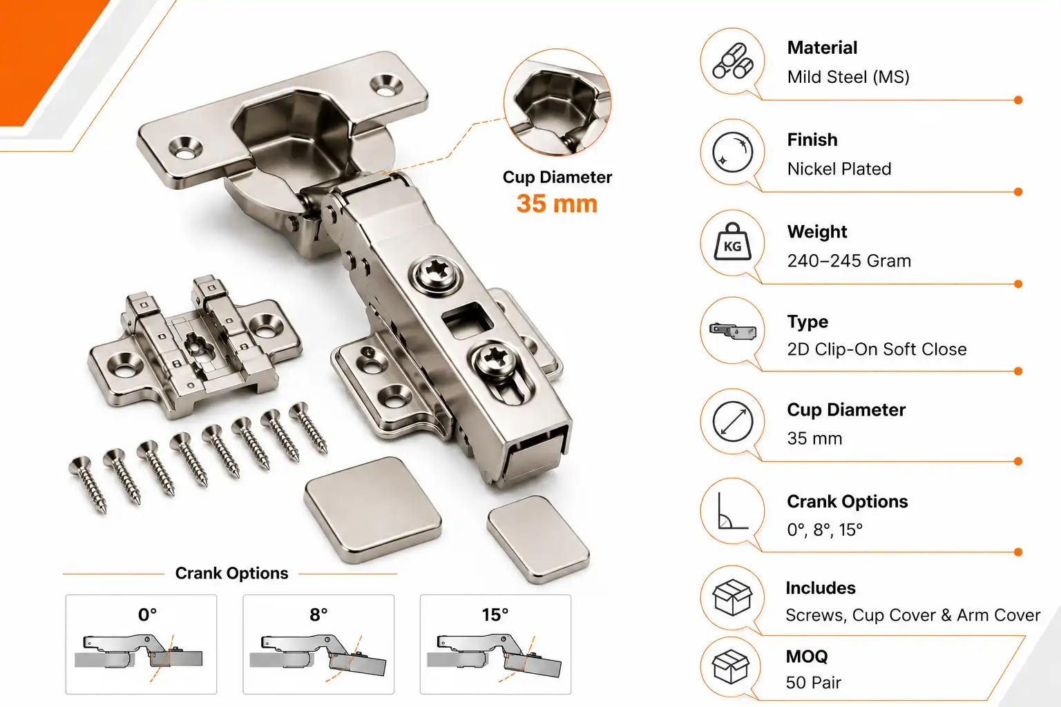 Premium 2D Clip-On Soft Close Cabinet Hinge (240–245 Gram) | MS | 0°, 8°, 15° Crank