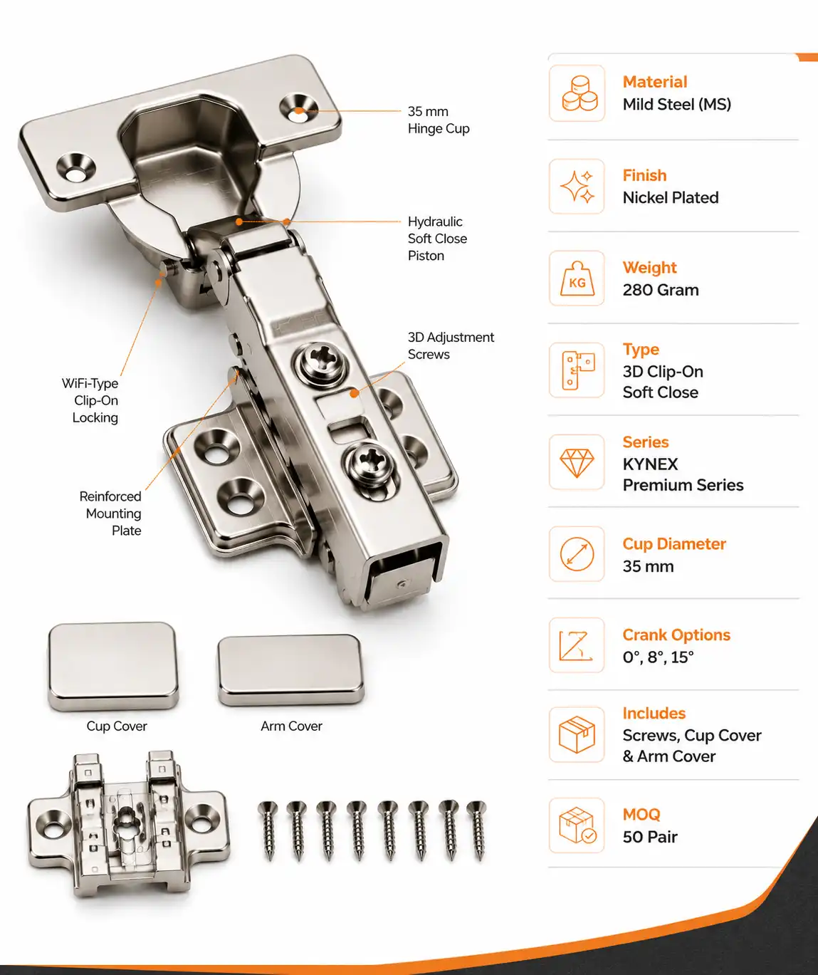 Premium 3D Clip-On Soft Close Cabinet Hinge (280 Gram) | KYNEX Premium Series | WiFi Type | 0°, 8°, 15° Crank