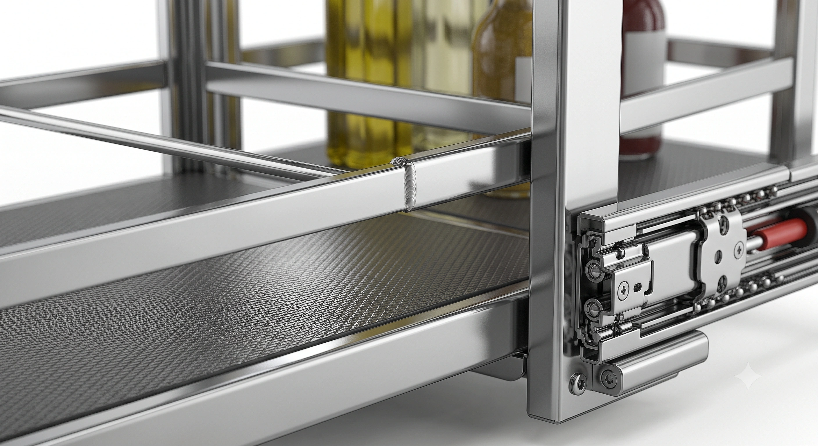 Premium Soft Close Chrome Flat Line Bottle Pull Out Basket with Anti-Skid Mat (Side Mount, 500 mm Cabinet Depth)