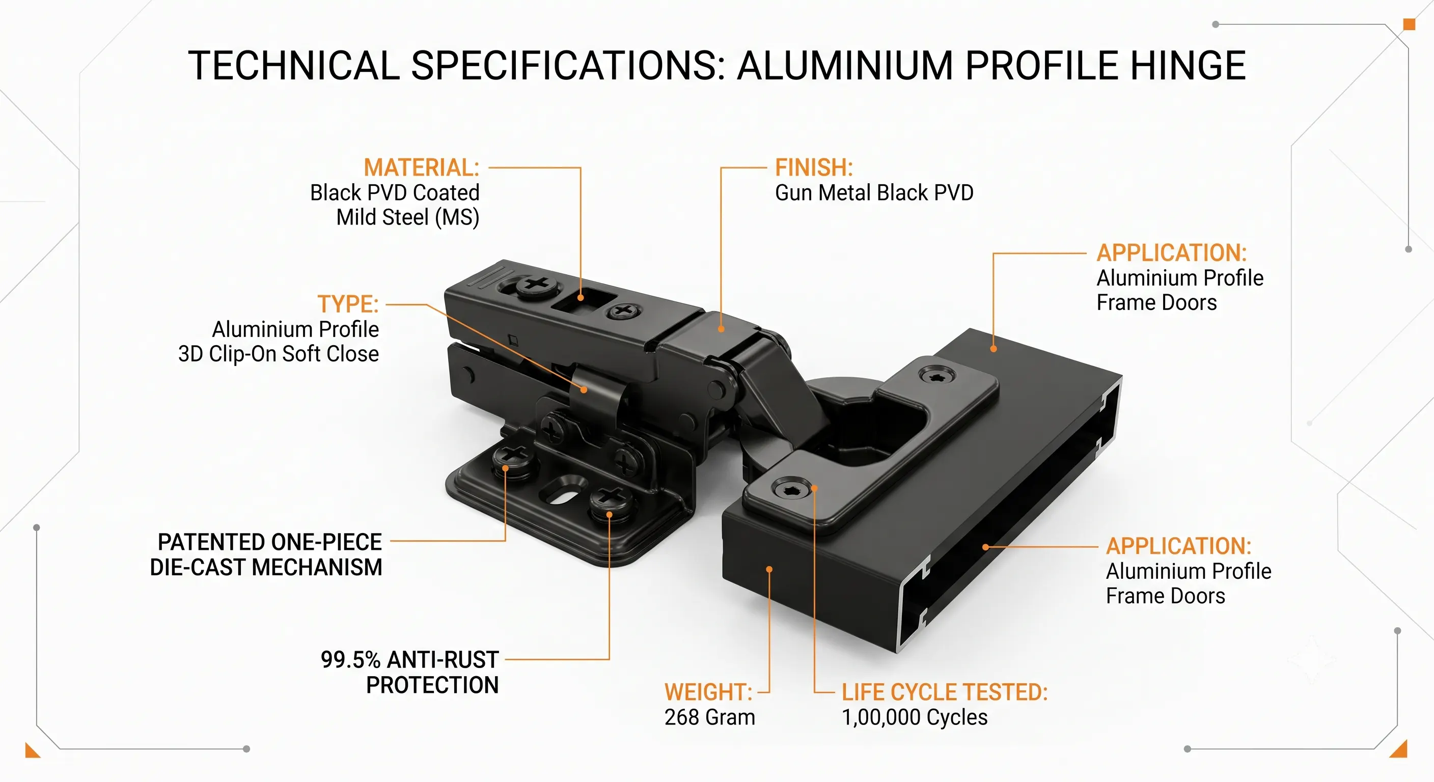 Premium Aluminium Profile 3D Clip-On Soft Close Hinge (268 Gram) | Black PVD (Gun Metal) Finish  1,00,000 Cycles Tested