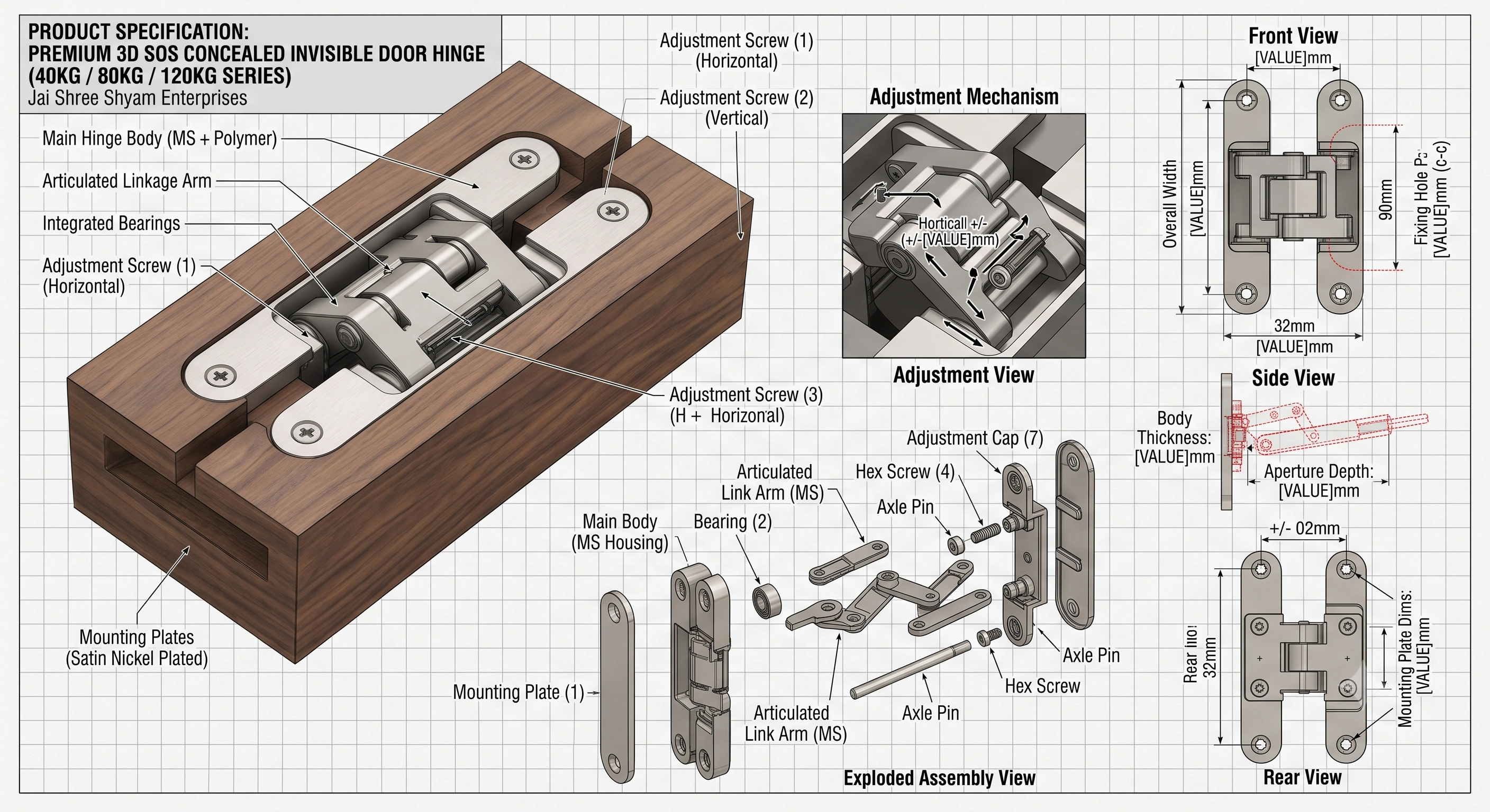 Premium 3D SOS Concealed Invisible Hinge (40KG / 80KG / 120KG Series)