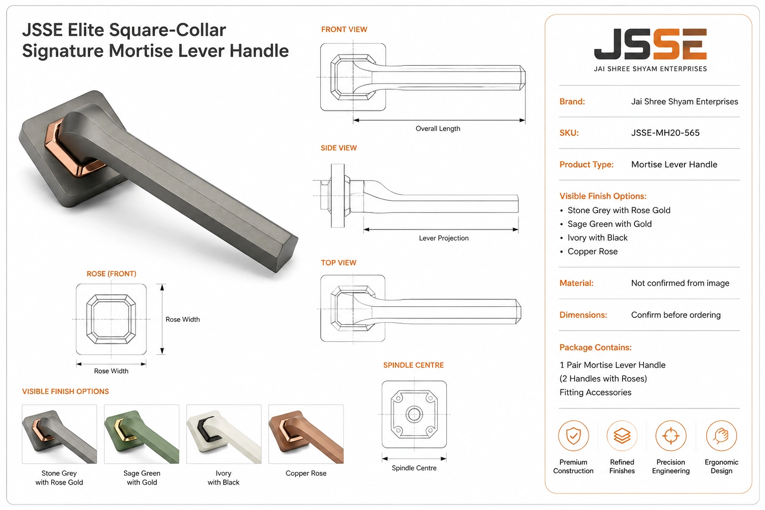 JSSE Elite Square-Collar Signature Mortise Lever Handle