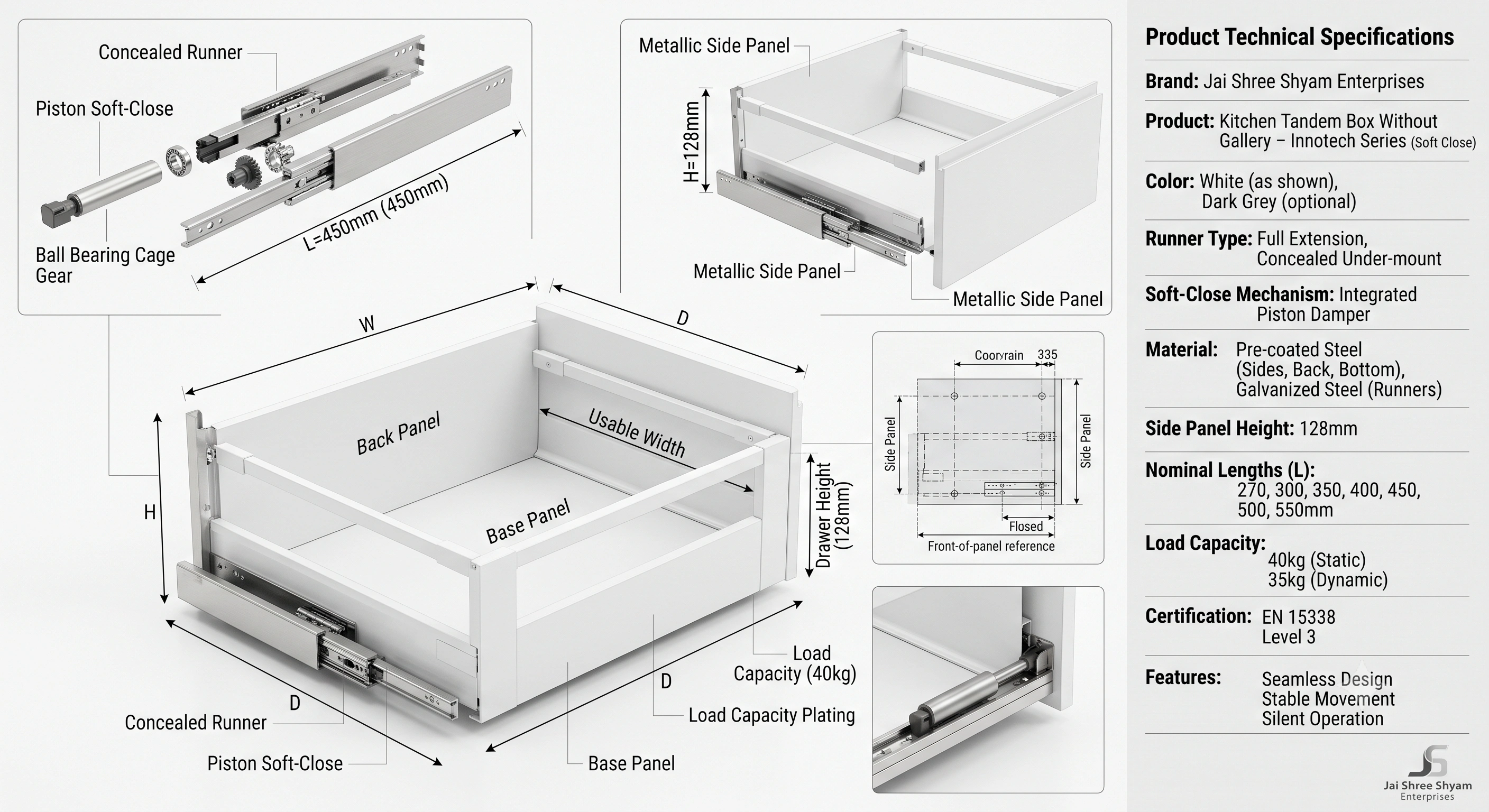 Premium Kitchen Tandem Box Drawer System Without Gallery – Innotech Series (Soft Close)